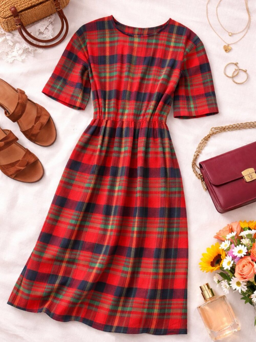 Vintage Lady Dorby Plaid Midi Dress Red Green Blue — Estimated XL